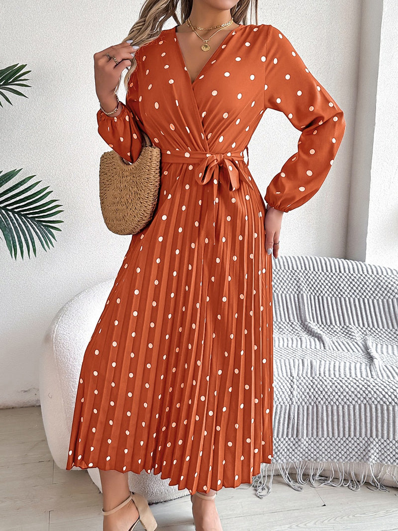 Carrie Tied Polka Dot Long Sleeve Midi Dress