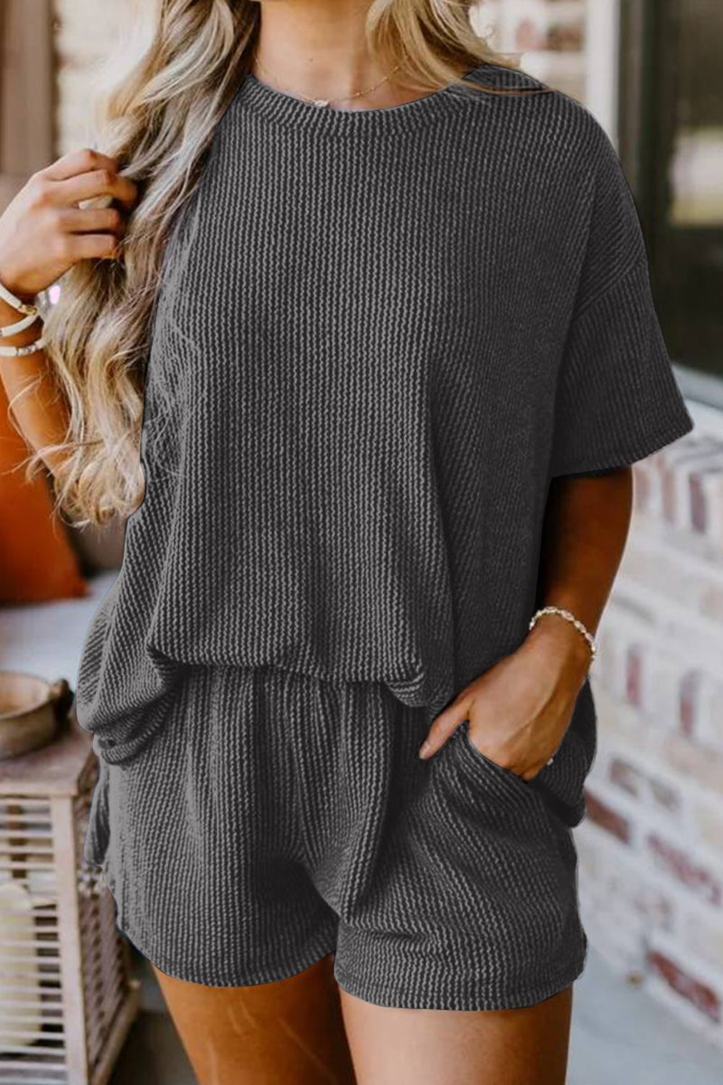 Melody Textured Round Neck Top and Shorts Set