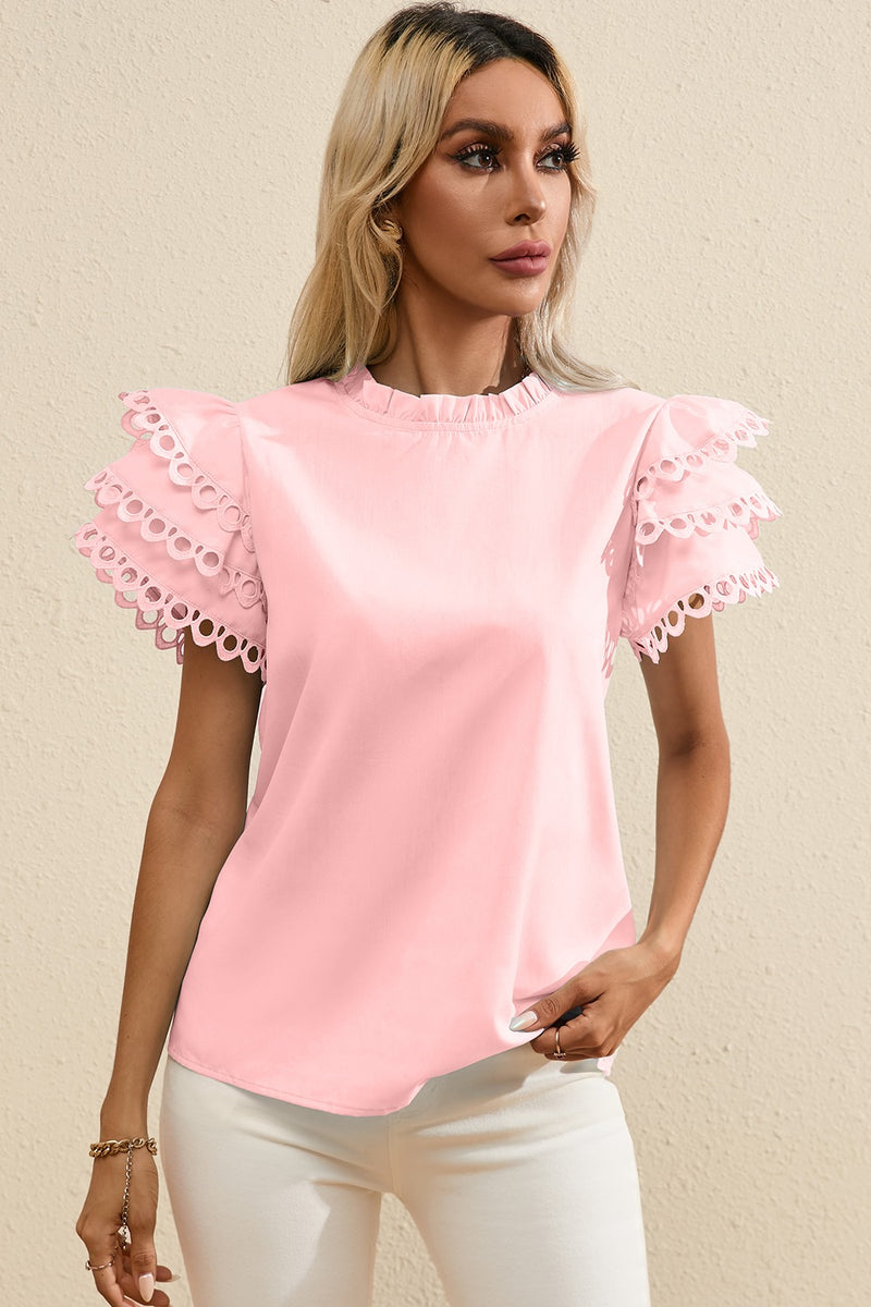 Bailey Ruffled Eyelet Round Neck Cap Sleeve Blouse