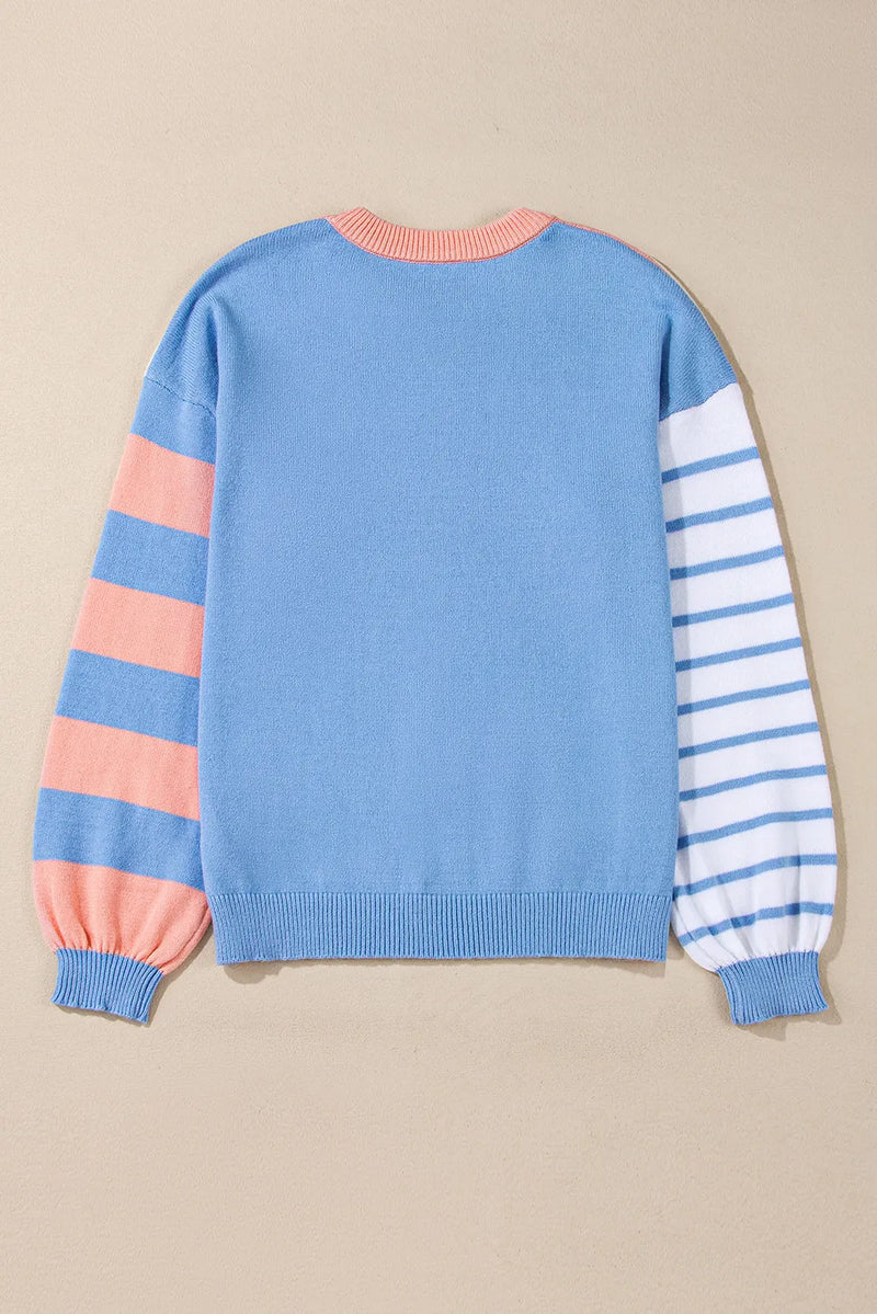 Lindsey Contrast Striped Round Neck Long Sleeve Sweater