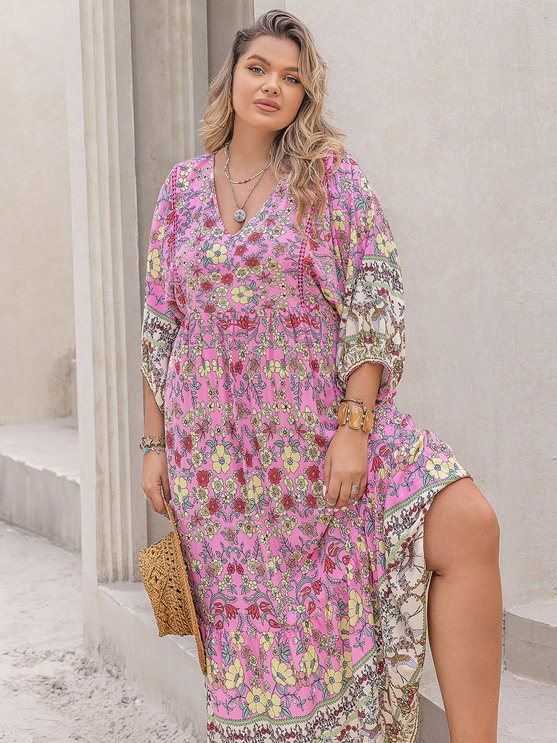 Heather Plus Size Floral V-Neck Balloon Sleeve Midi Dress