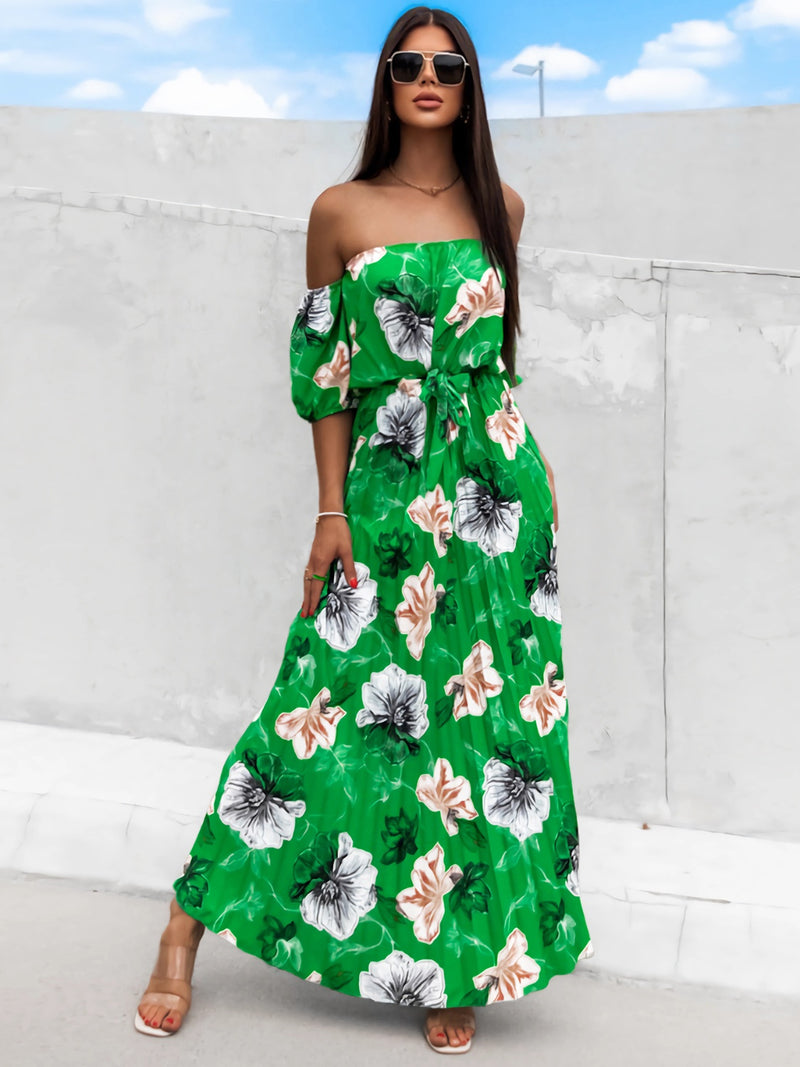 Dayna Pleated Floral Off-Shoulder Short Sleeve Midi Dress