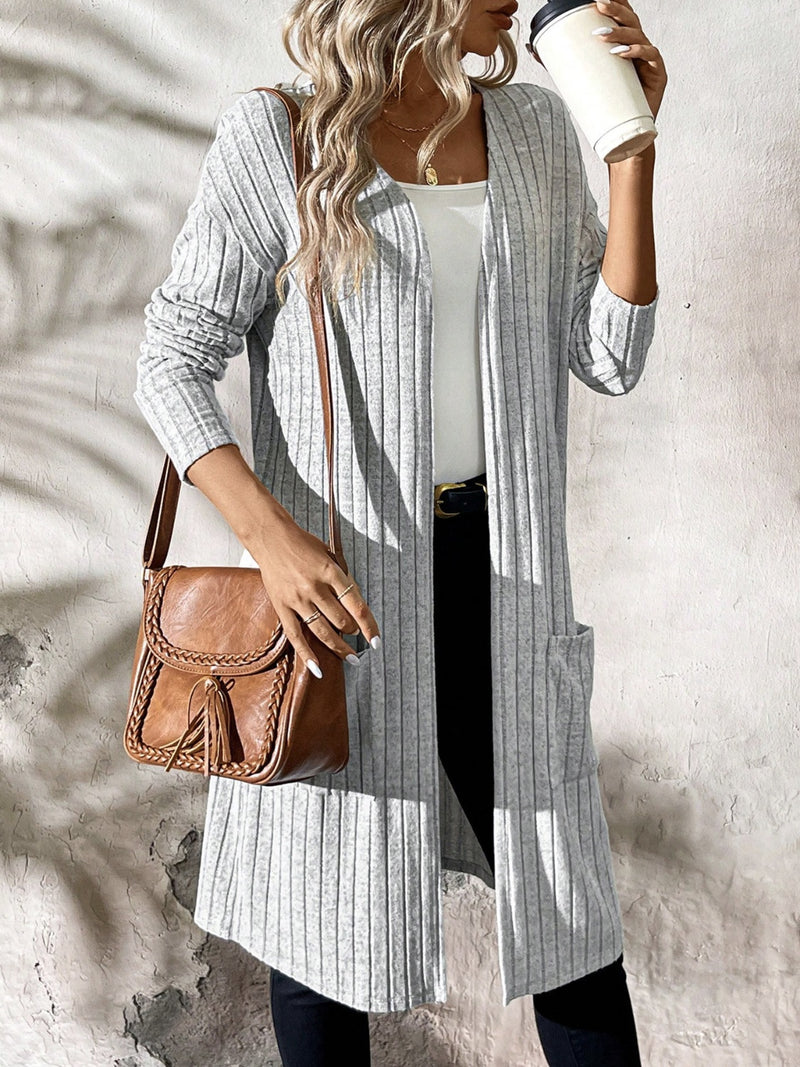 Hannah Ribbed Open Front Long Sleeve Cardigan with Pockets- Deal of the Day!