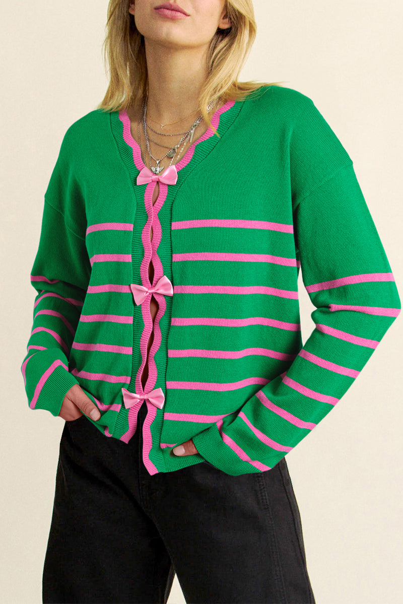 Clara Bow Striped V-Neck Long Sleeve Cardigan