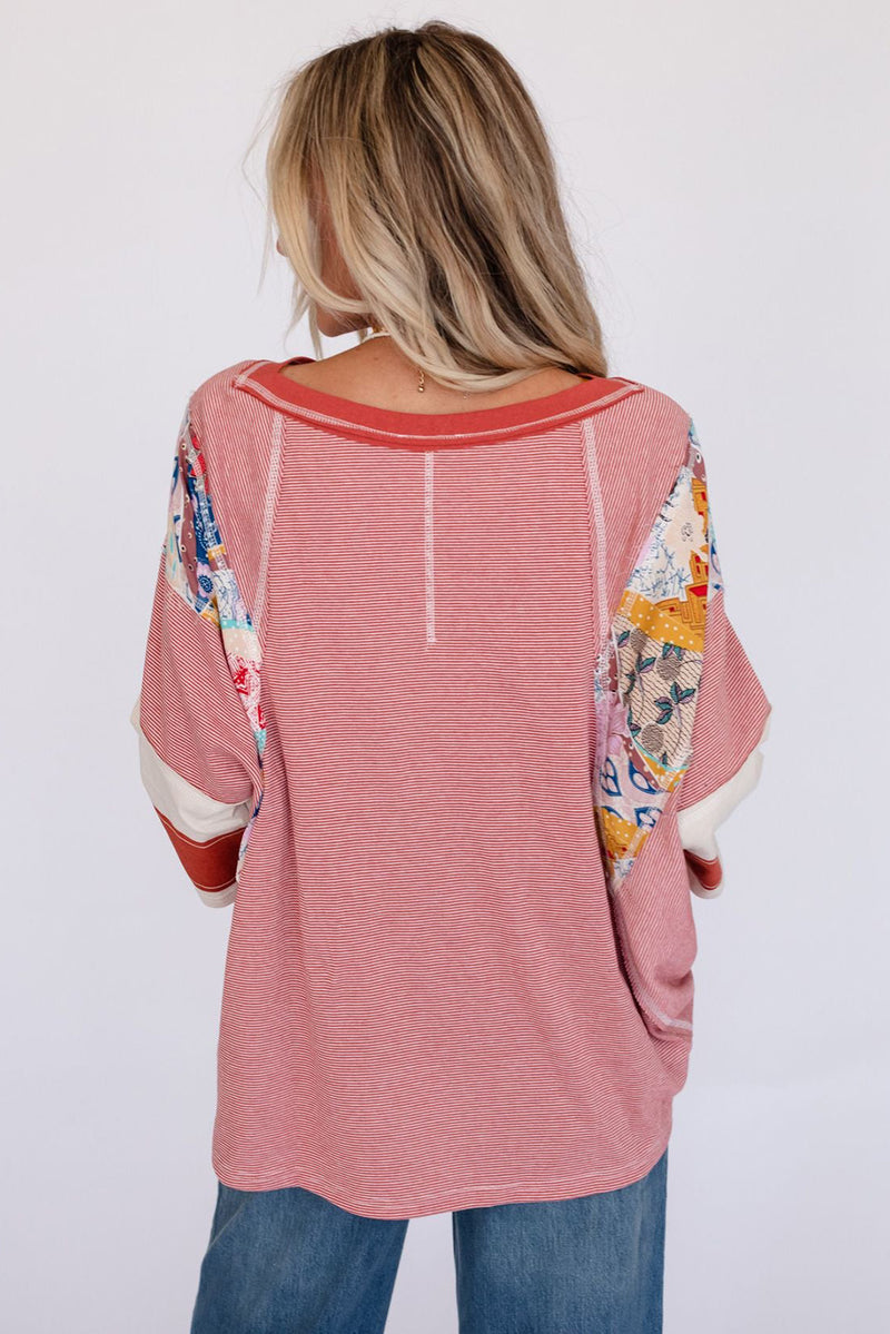 Ashley Striped Floral Patchwork Round Neck Top