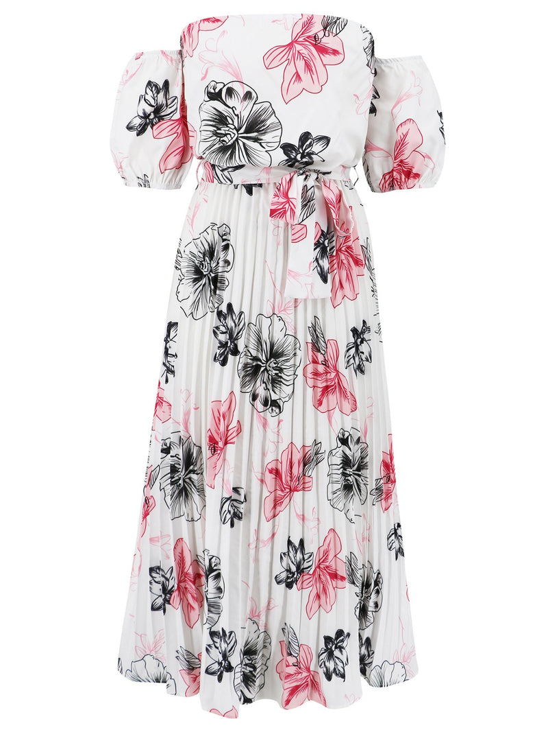 Dayna Pleated Floral Off-Shoulder Short Sleeve Midi Dress