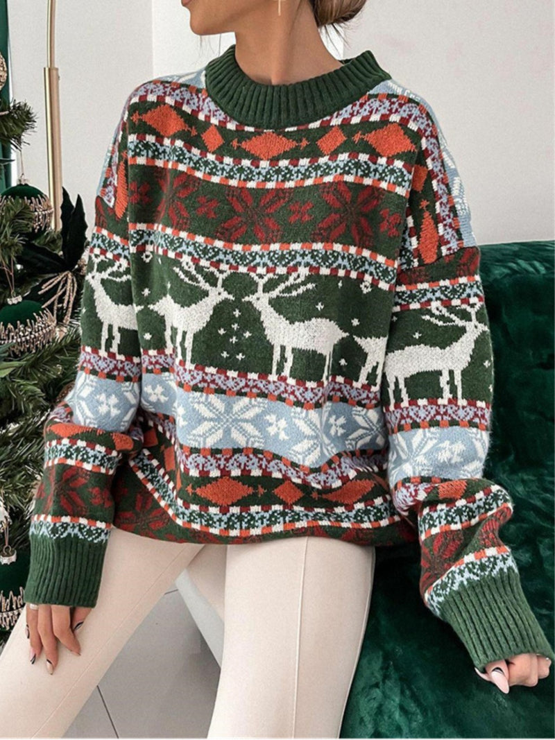 Christmas Geometric Round Neck Dropped Shoulder Sweater