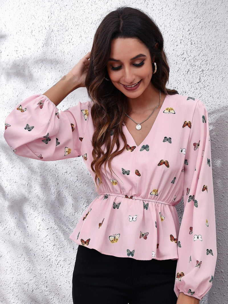 Printed V-Neck Long Sleeve Blouse