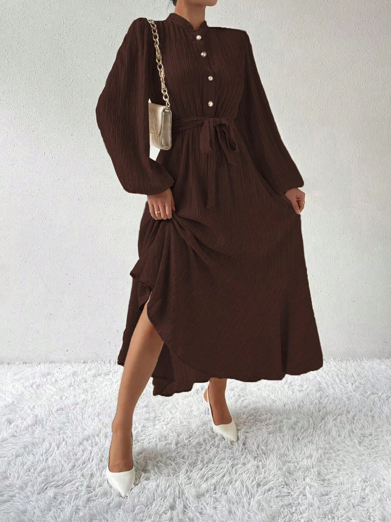 Thea Half Button Tie Waist Long Sleeve Maxi Dress