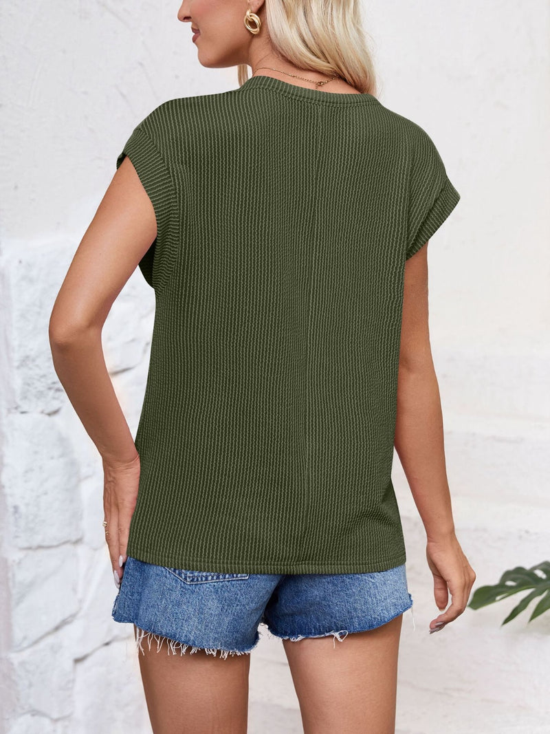 Lynn Textured Round Neck Cap Sleeve Blouse