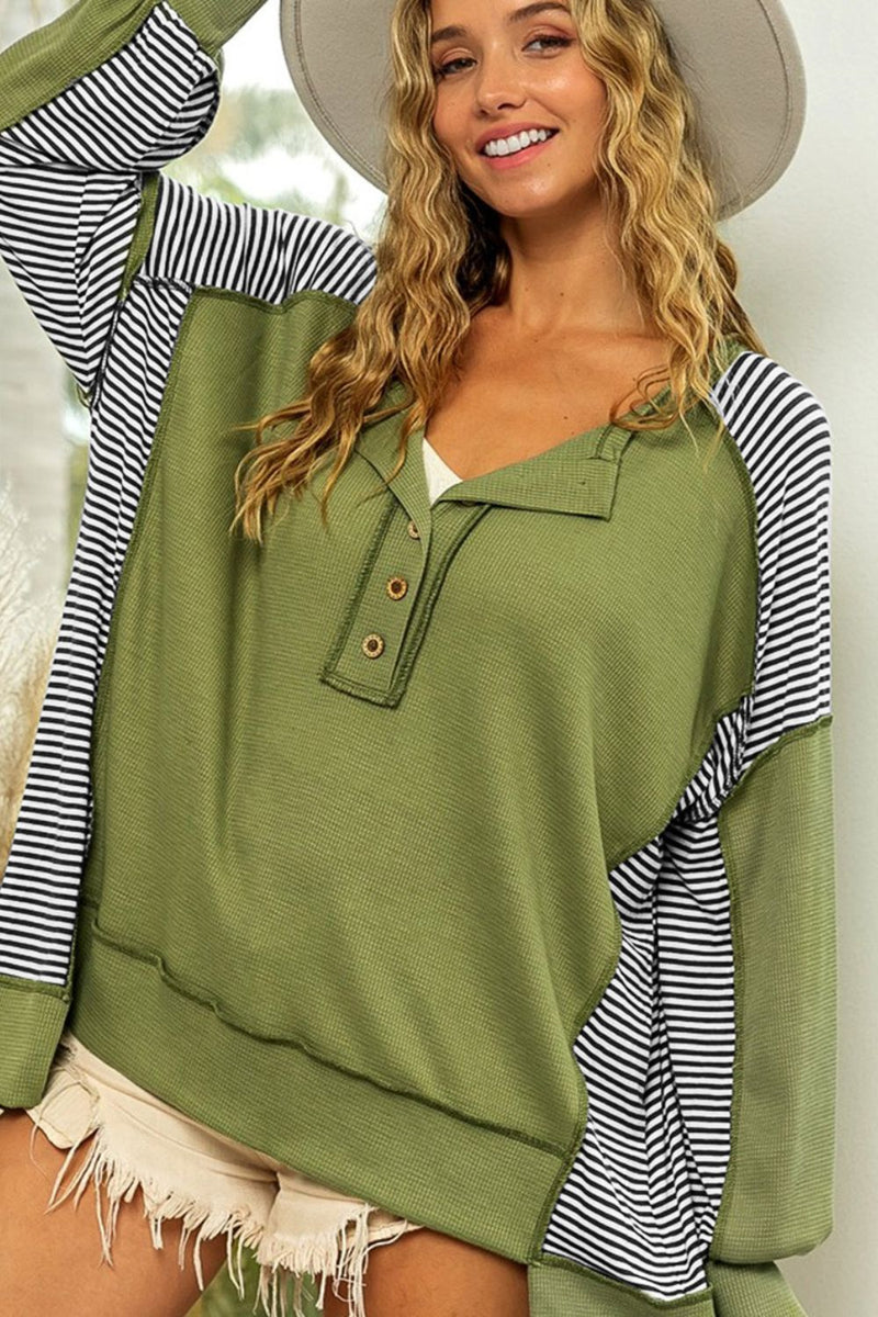 Kelly Striped Exposed Seam Half Button Sweatshirt