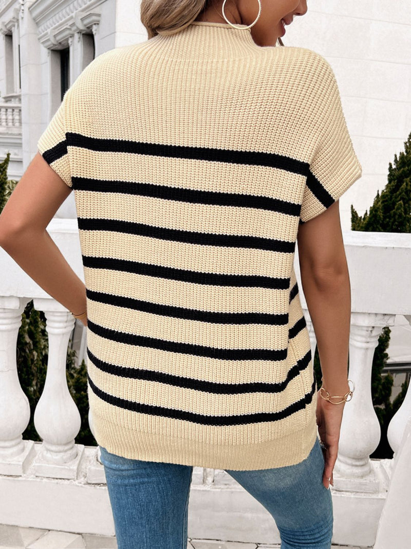 Pamela Striped Mock Neck Short Sleeve Sweater