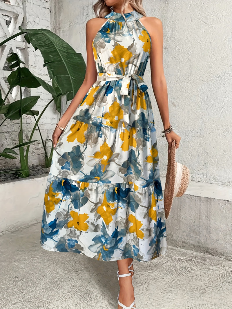 Kelsey Tiered Printed Mock Neck Sleeveless Dress