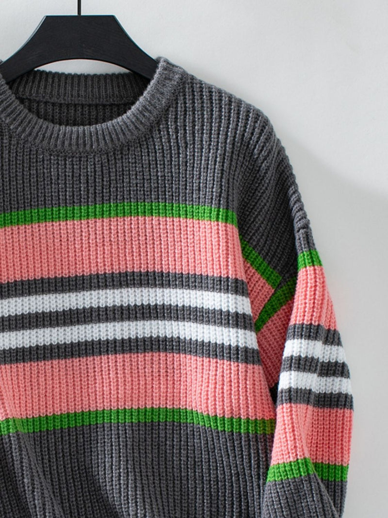 Conra Contrast Stripes Round Neck Long Sleeve Sweater