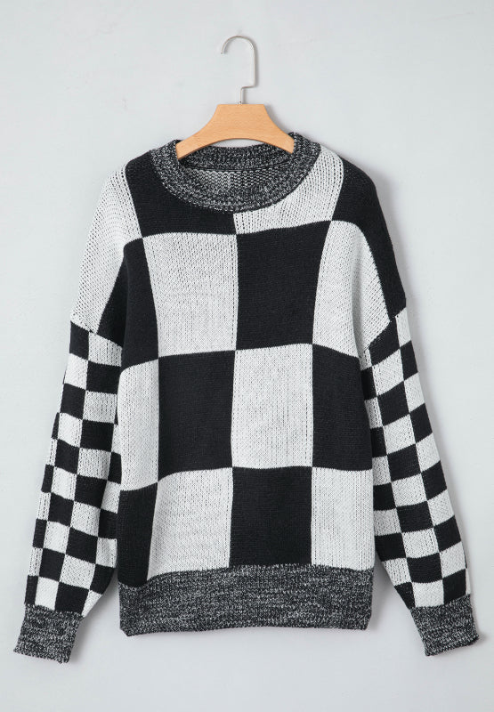 Amber Checkered Round Neck Drop Shoulder Sweater