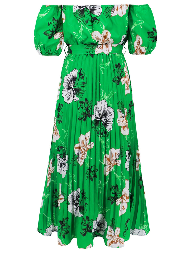 Dayna Pleated Floral Off-Shoulder Short Sleeve Midi Dress