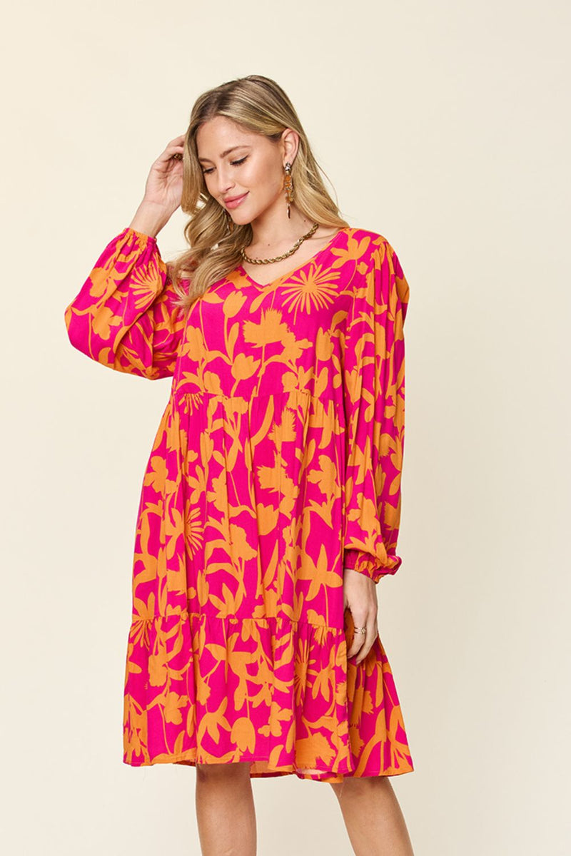 Journee Full Size Printed Ruffle Hem Long Sleeve Dress