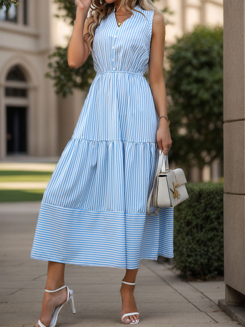 Michelle Striped Notched Sleeveless Midi Dress