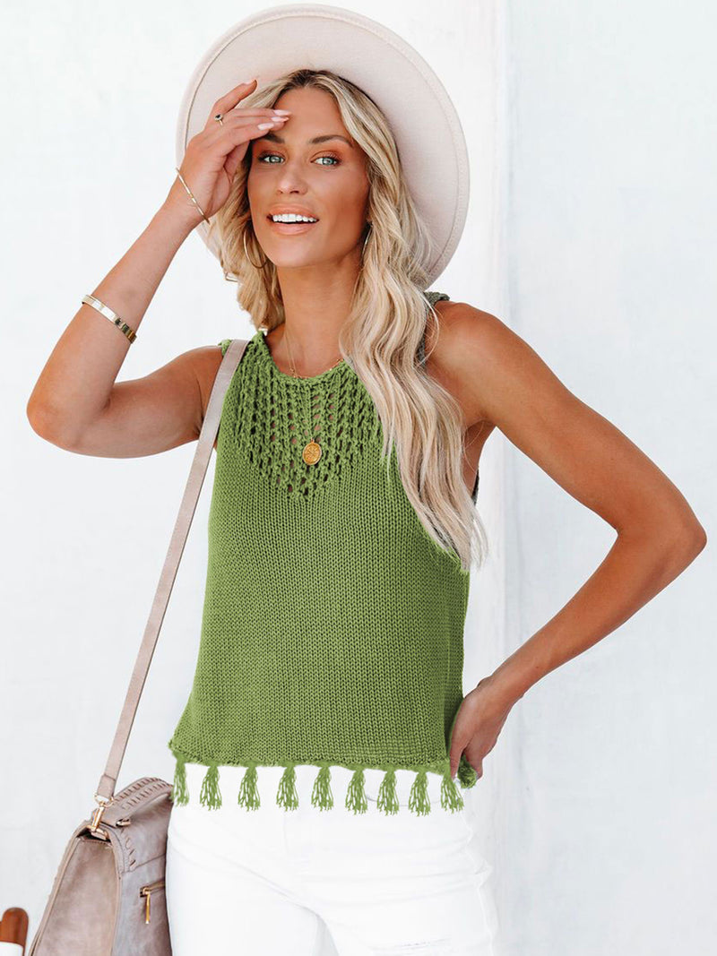 Tess Cutout Tassel Round Neck Tank