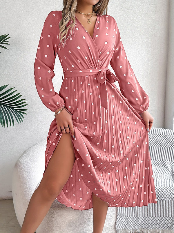 Carrie Tied Polka Dot Long Sleeve Midi Dress