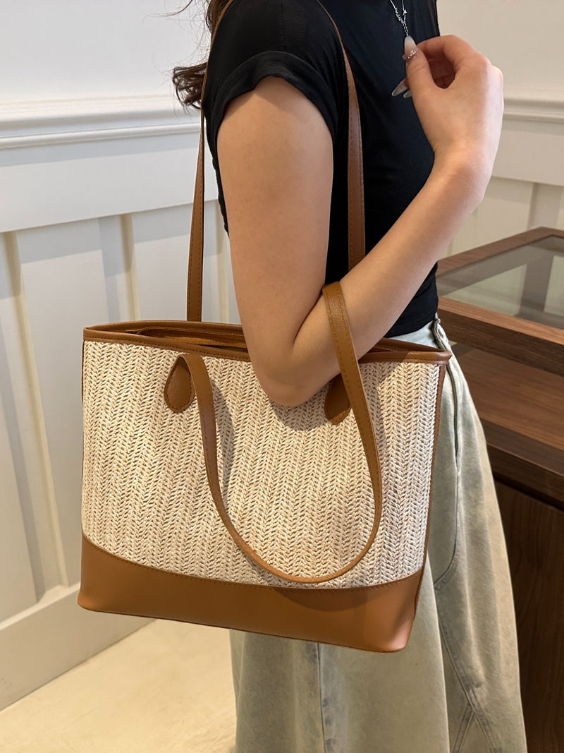 Delia Contrast Straw Woven Tote Bag