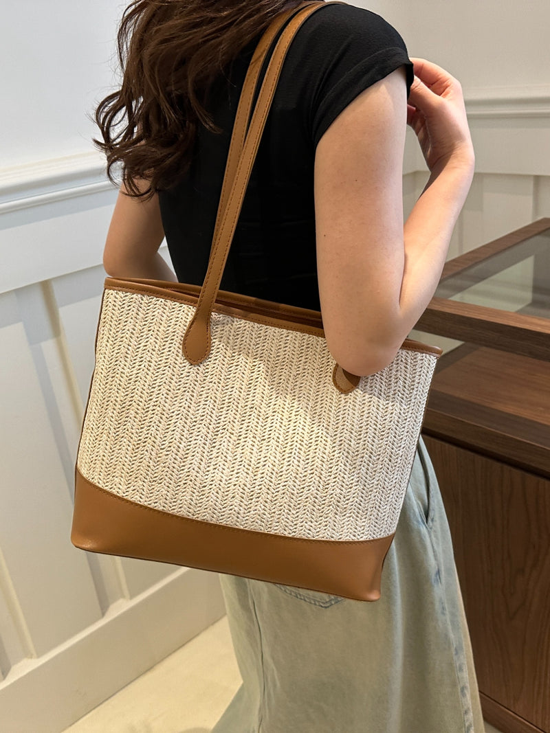 Delia Contrast Straw Woven Tote Bag