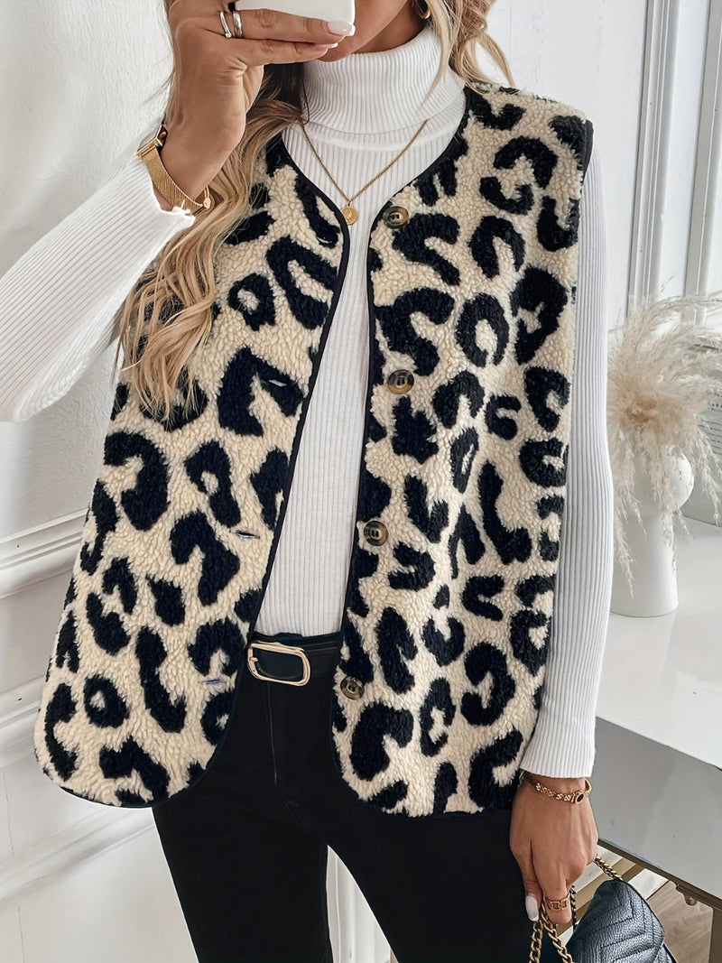 Raleigh Leopard Button Up Sherpa Vest