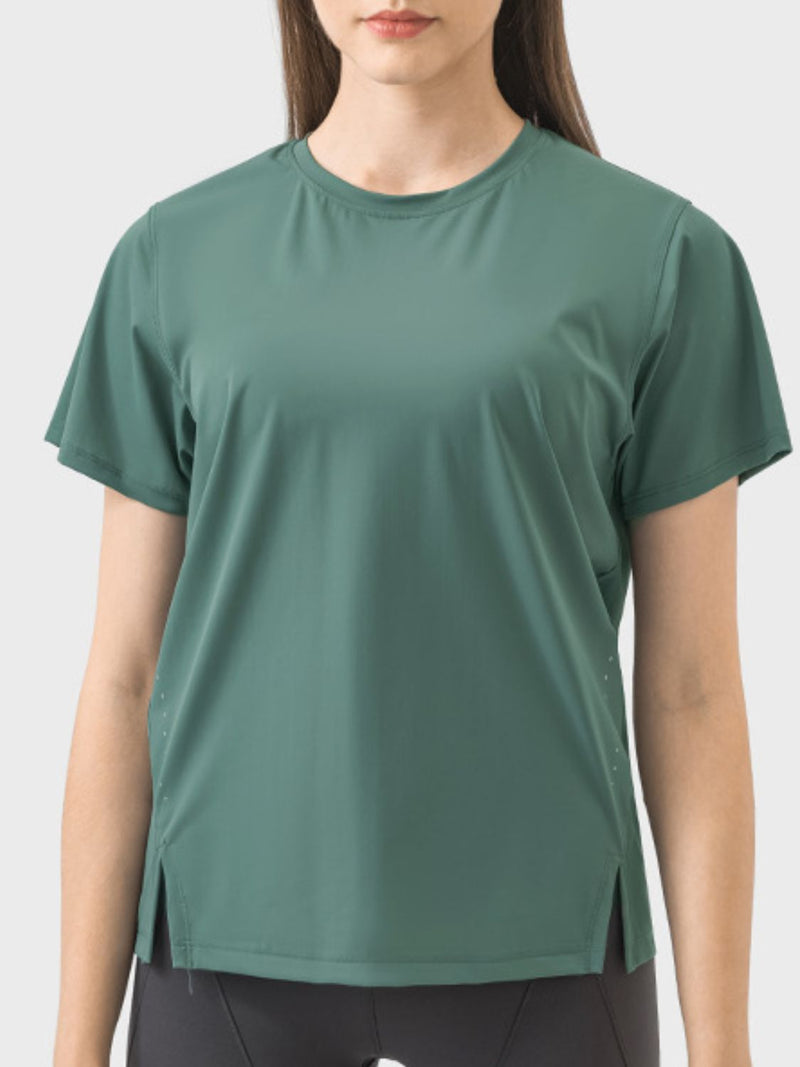 Malena Slit Round Neck Short Sleeve Active T-Shirt