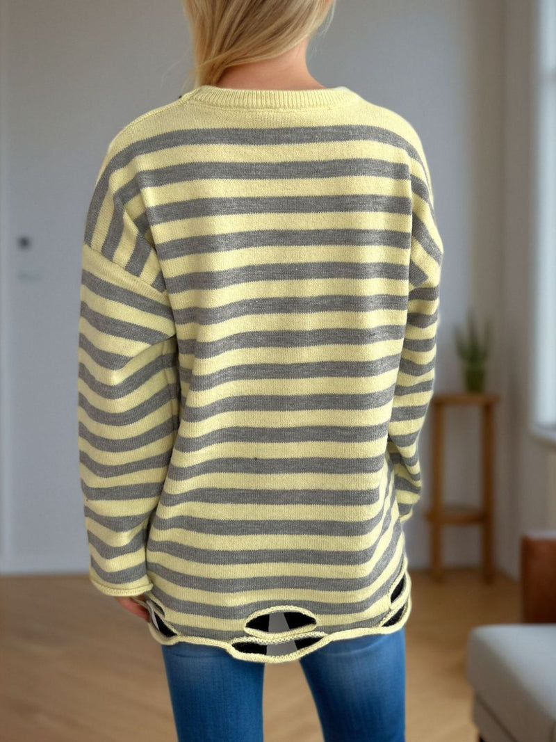 Luna Distressed Striped Round Neck Long Sleeve Sweater