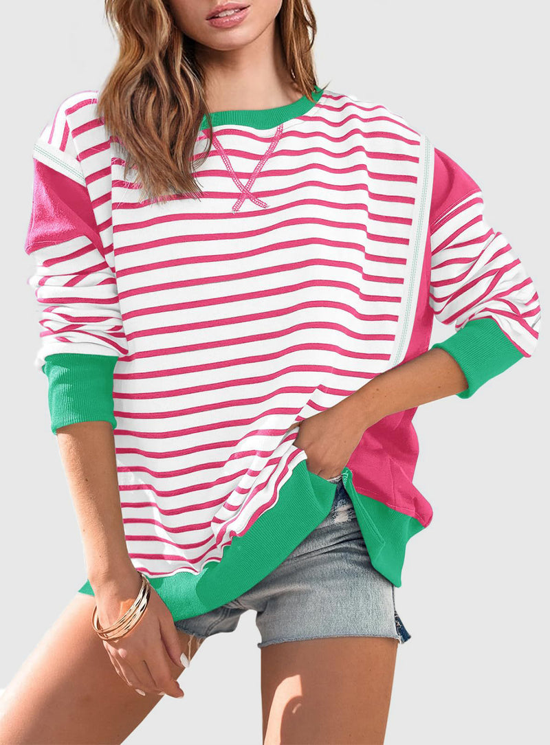 Chalesa Slit Exposed Seam Striped Long Sleeve Sweatshirt