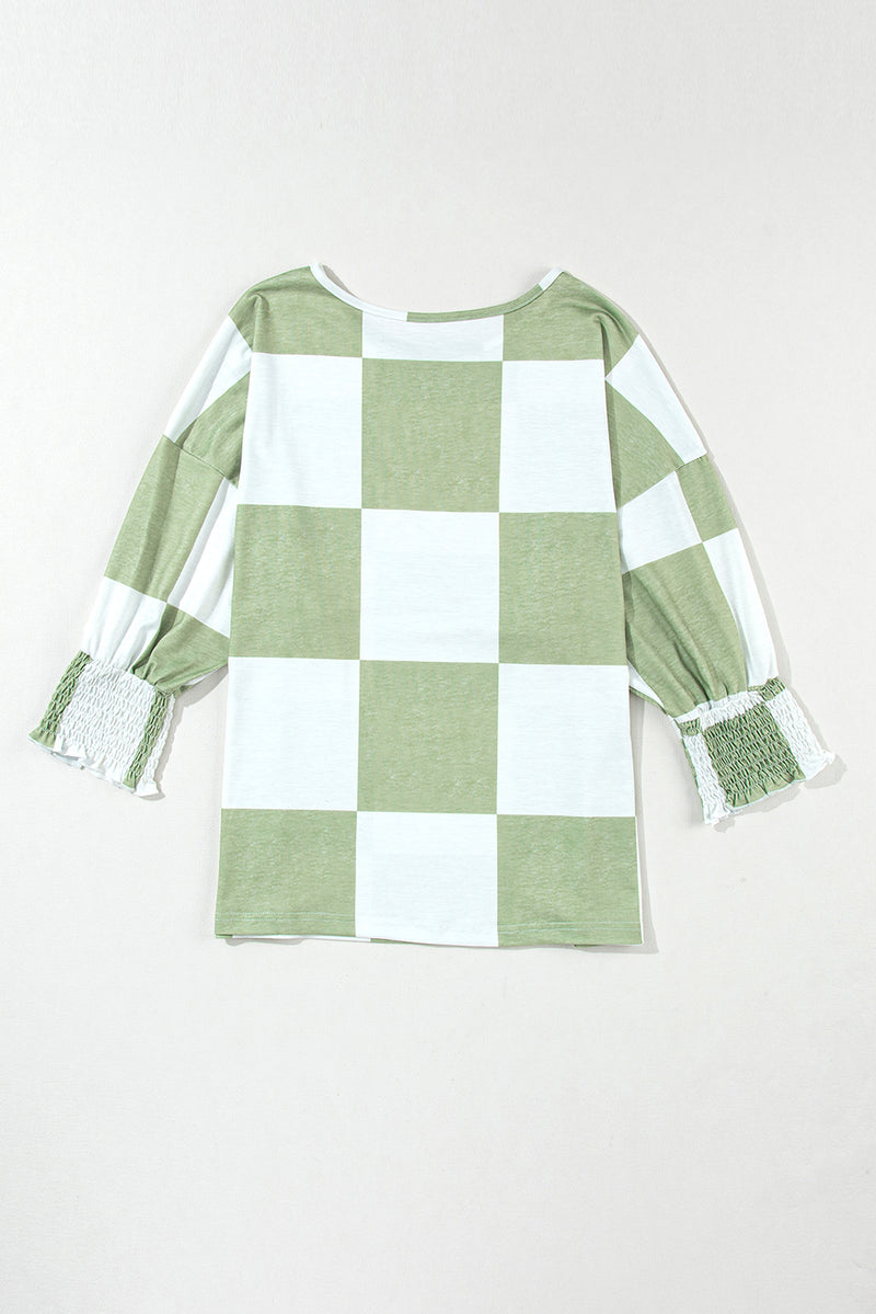 Shania Checkered Round Neck Lantern Sleeve Top