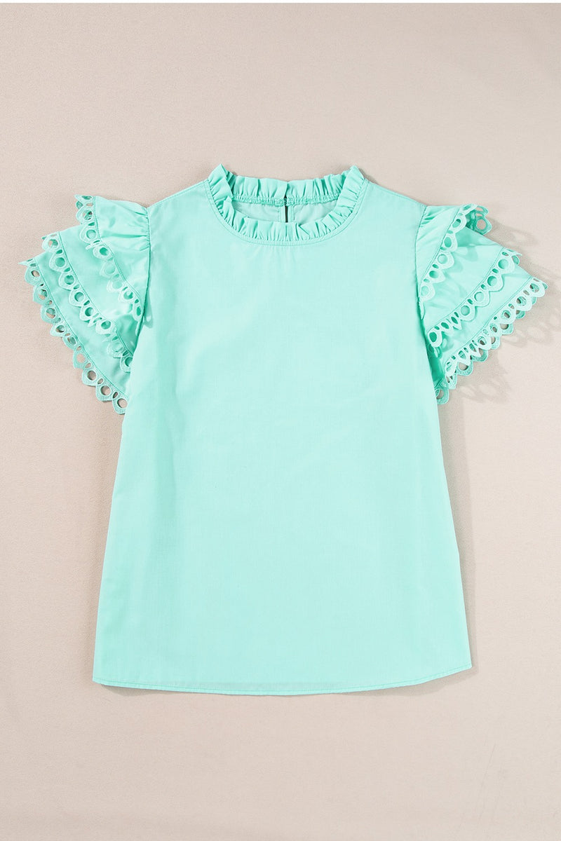 Bailey Ruffled Eyelet Round Neck Cap Sleeve Blouse