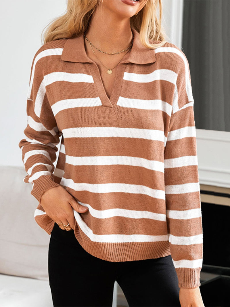 Whitley Striped Johnny Collar Long Sleeve Sweater