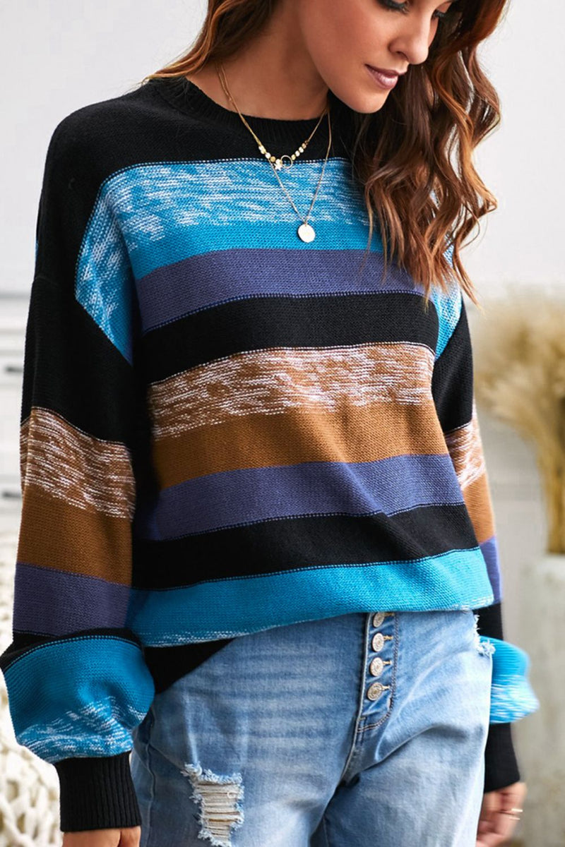 Katherine Contrast Striped Round Neck Drop Shoulder Sweater