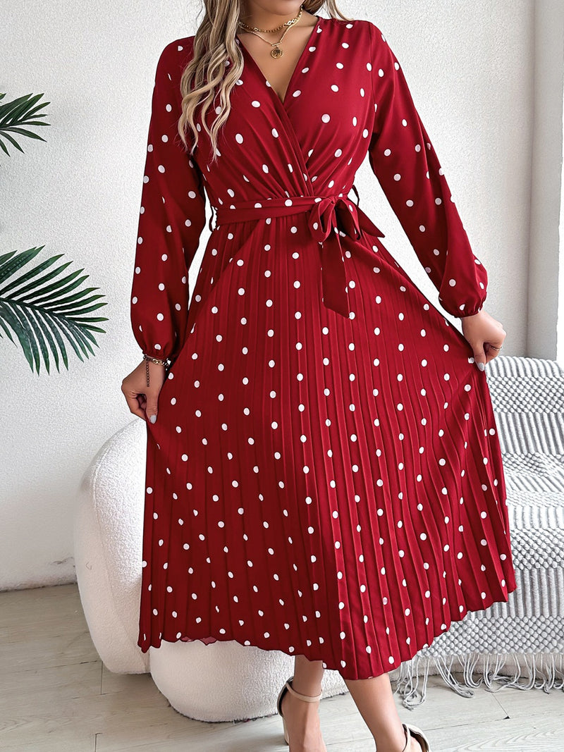 Carrie Tied Polka Dot Long Sleeve Midi Dress