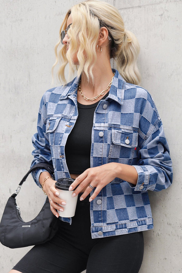 Zoe Checkered Button Up Long Sleeve Denim Jacket