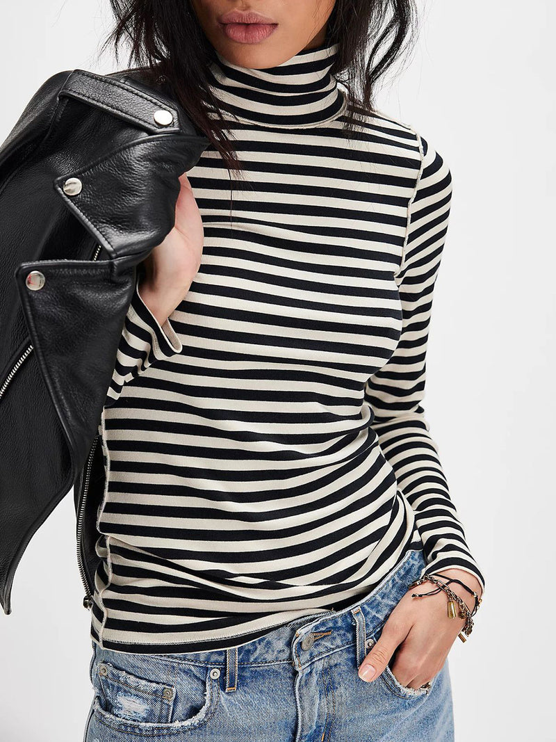 Exposed Seam Striped Turtleneck Long Sleeve T-Shirt