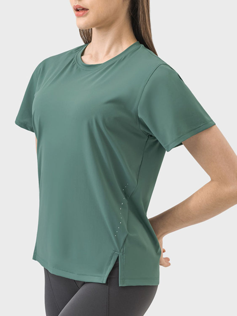 Malena Slit Round Neck Short Sleeve Active T-Shirt