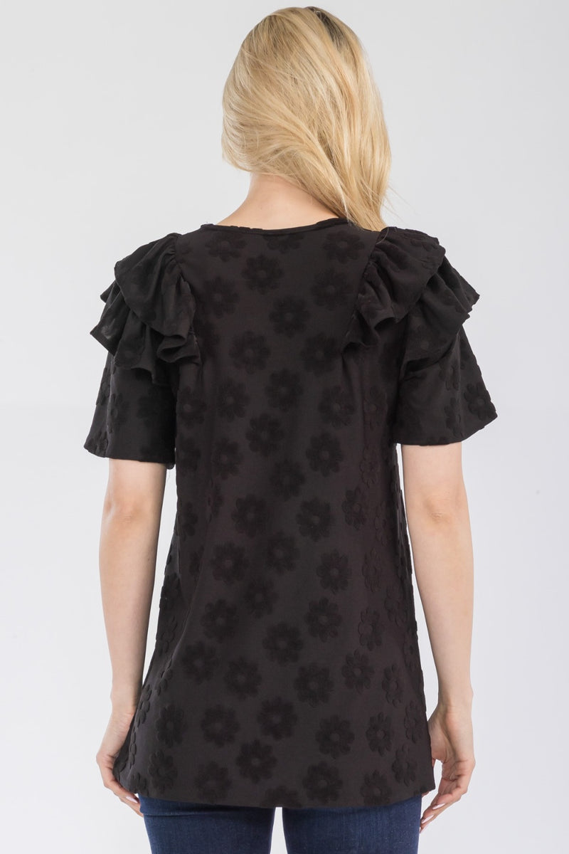 Tatum Full Size Ruffle Layered Short Sleeve Daisy Floral Top