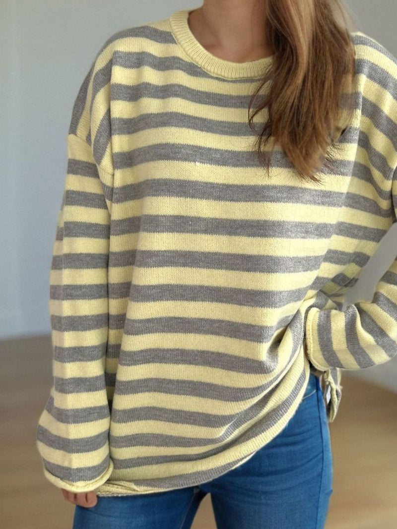 Luna Distressed Striped Round Neck Long Sleeve Sweater