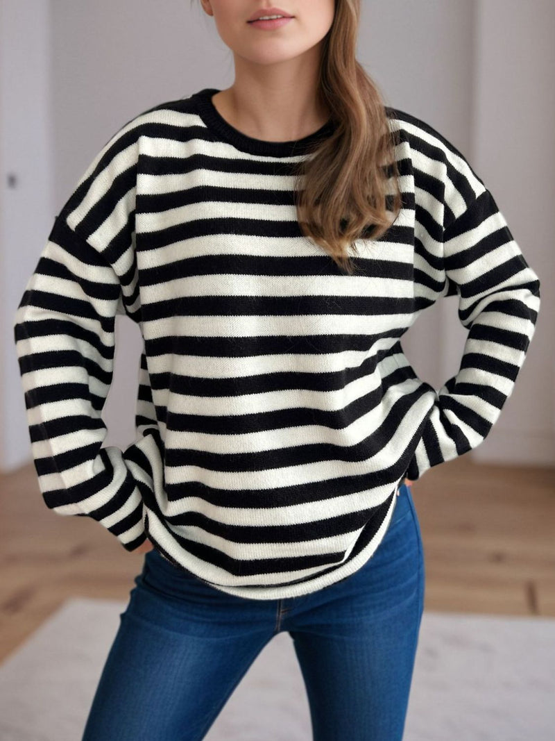 Luna Distressed Striped Round Neck Long Sleeve Sweater