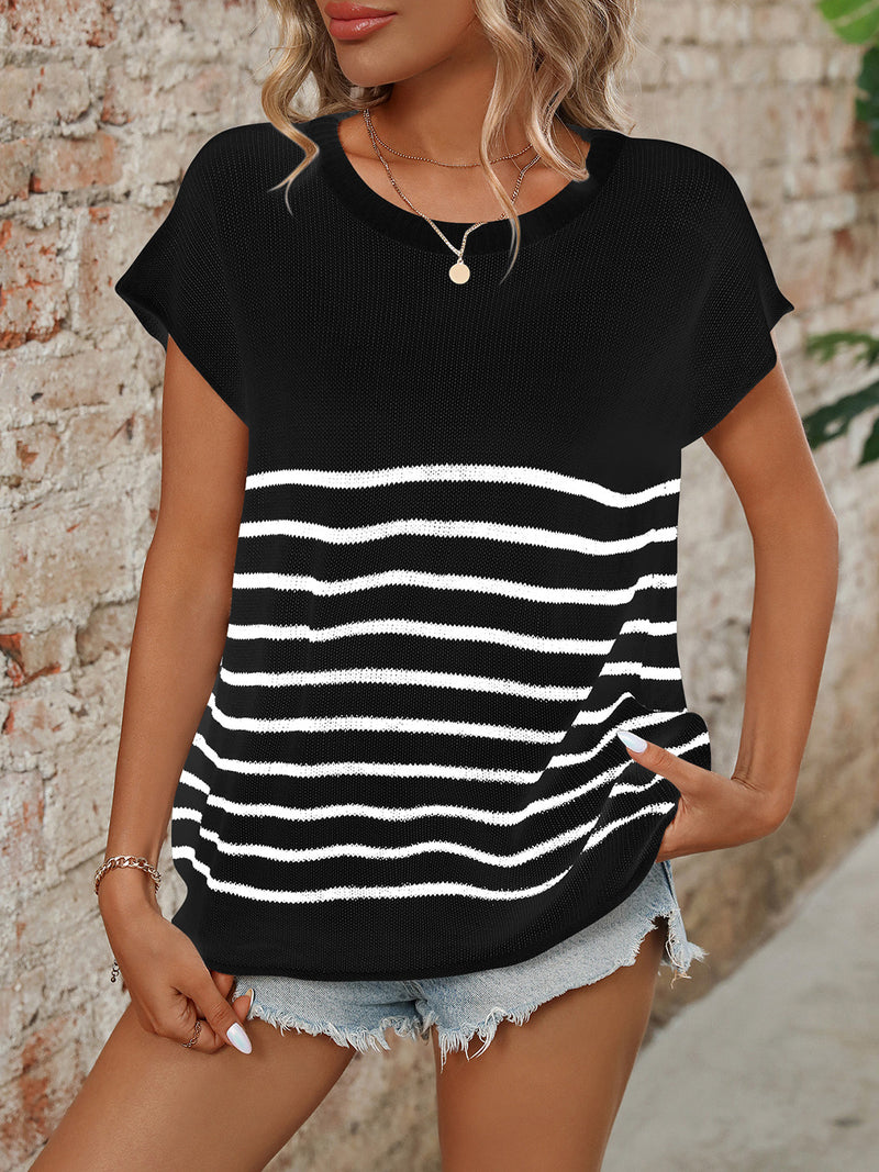 Donia Striped Round Neck Short Sleeve Knit Top