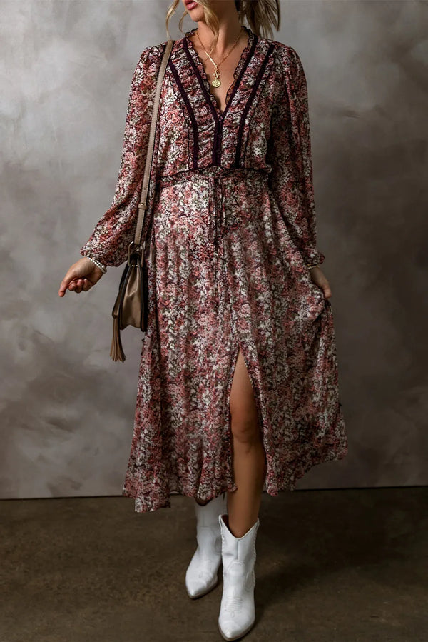 Freya Frill Printed V-Neck Long Sleeve Midi Dress