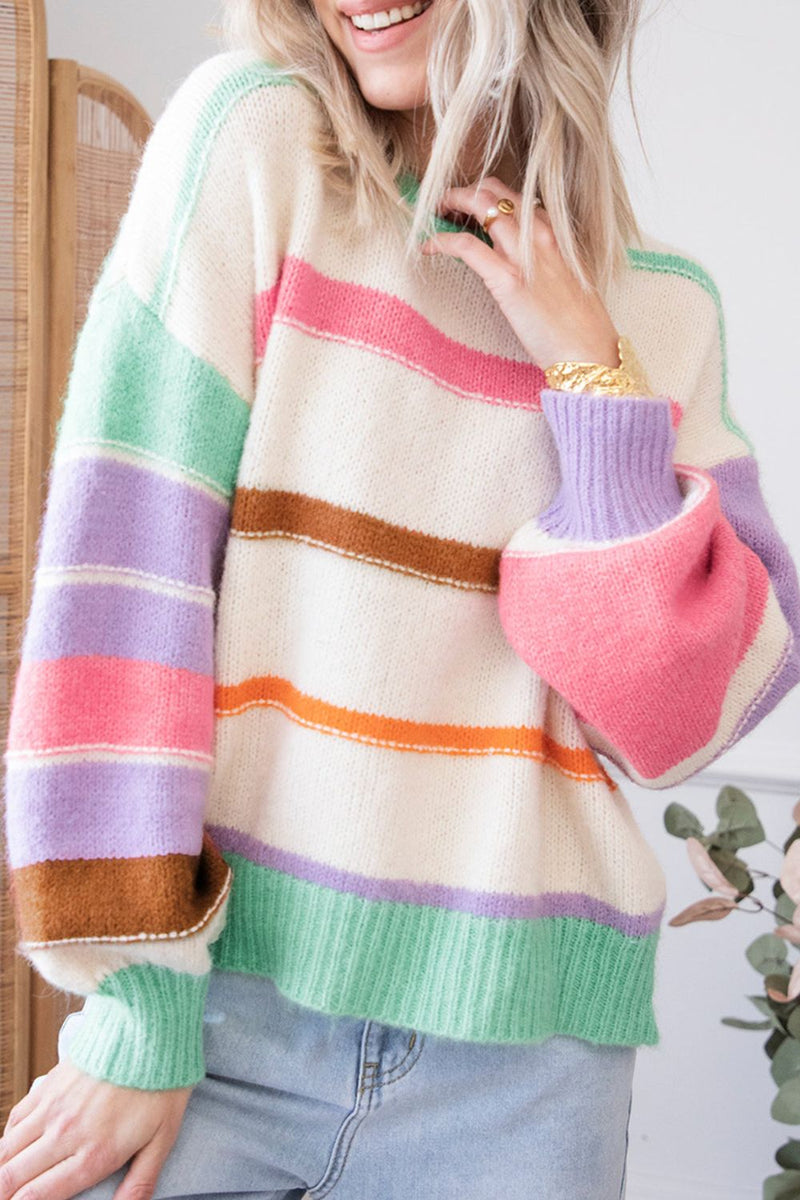 Contrast Striped Round Neck Drop Shoulder Sweater