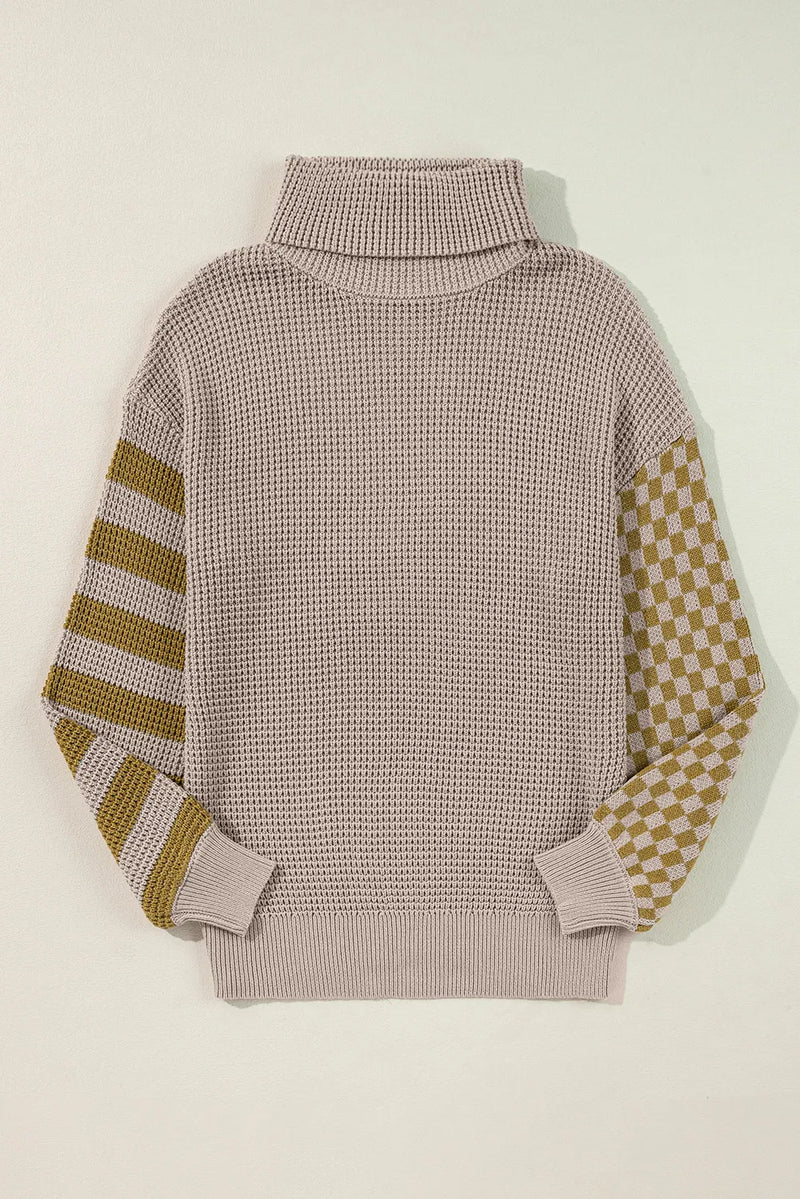 Tatum Checkered Striped Turtleneck Long Sleeve Sweater