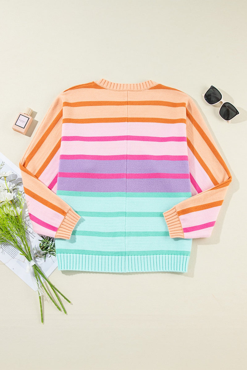 Gigi Contrast Striped Round Neck Long Sleeve Knit Top