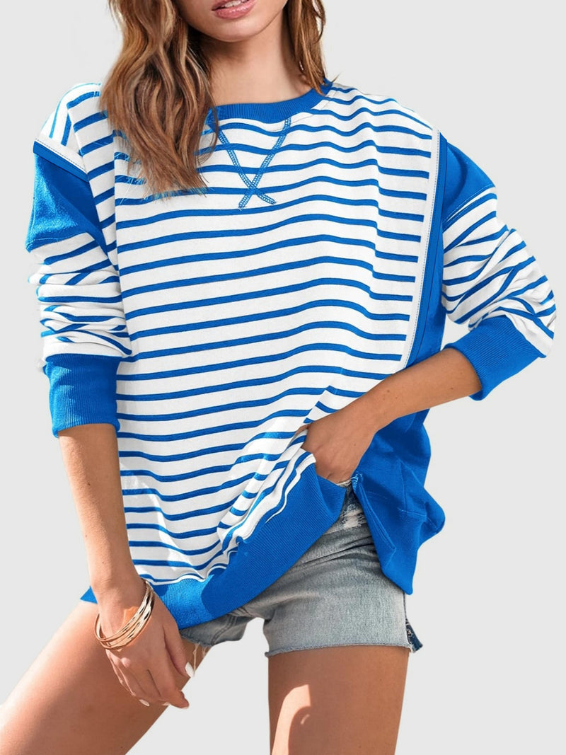 Chalesa Slit Exposed Seam Striped Long Sleeve Sweatshirt