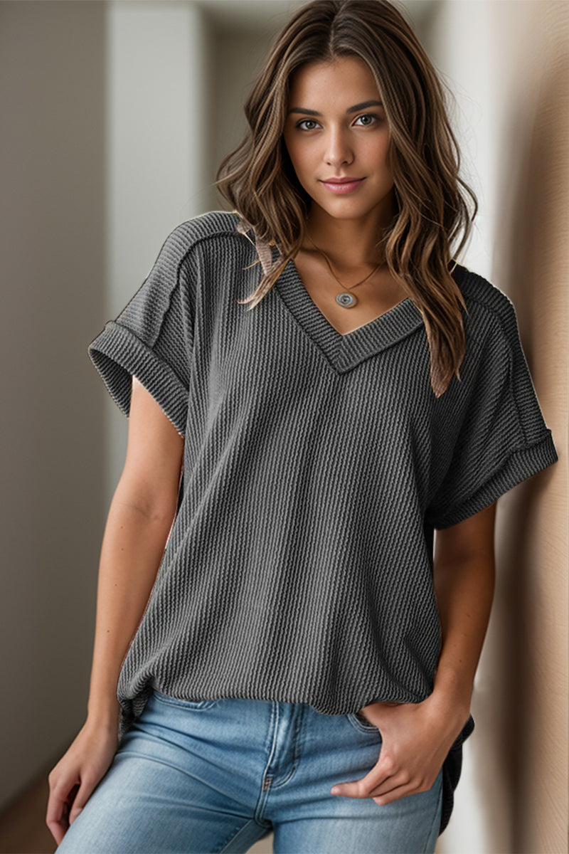 Alice Textured V-Neck Short Sleeve Top