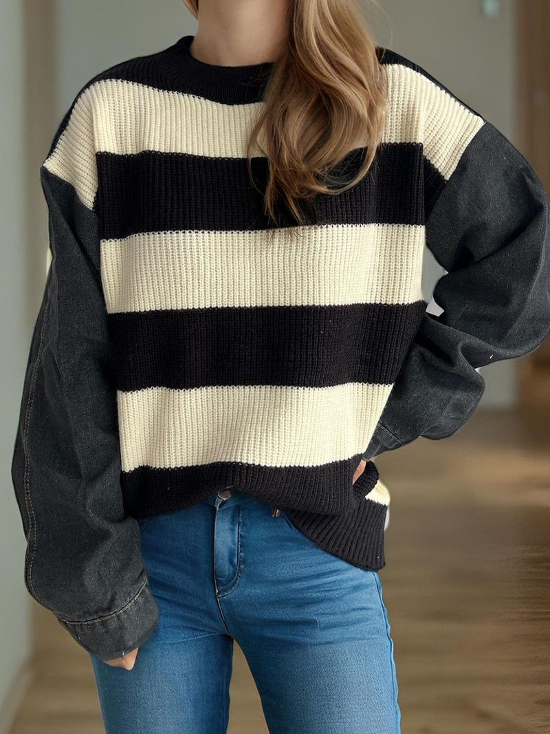 Ava Contrast Round Neck Long Sleeve Sweater