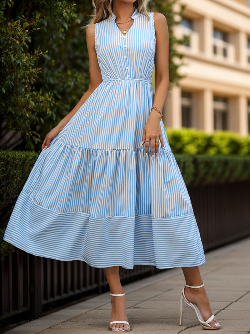 Michelle Striped Notched Sleeveless Midi Dress